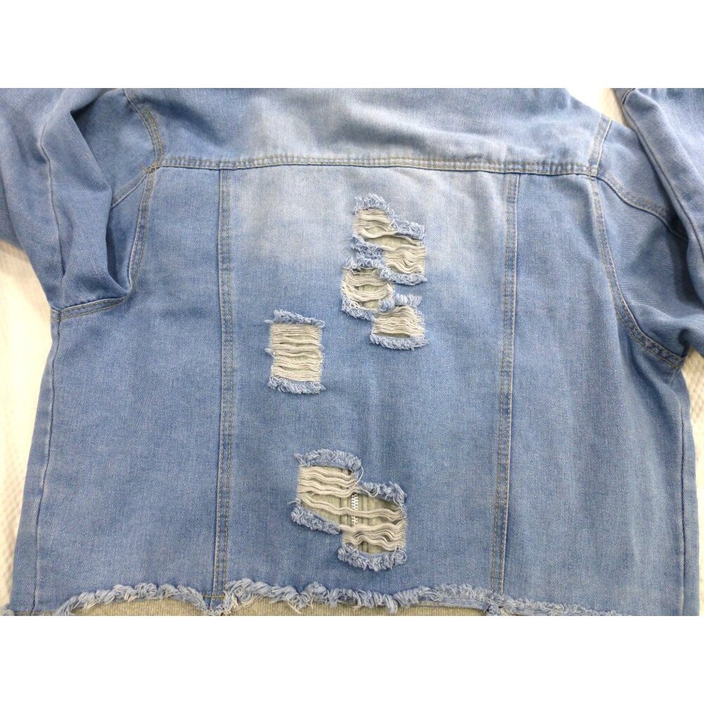Distressed Denim Hooded Jacket With Playful Rips & Layered Style 1X Thrill Jeans - Picture 12 of 13